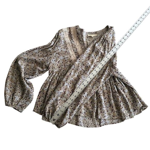 Promesa Lace Detail Shirred Swing Floral Peasant Sleeve V Neck Cropped Blouse M - Picture 8 of 8